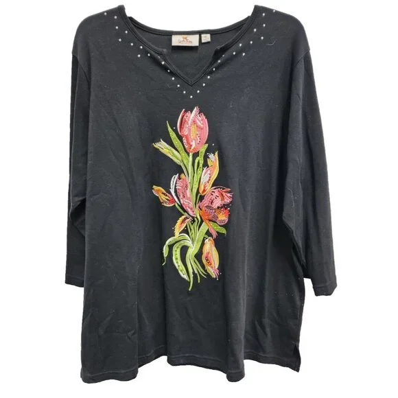 Quaker Factory Womens Wearable Art Top XL Black Floral Embroidery 3/4 Sleeve - Picture 1 of 8